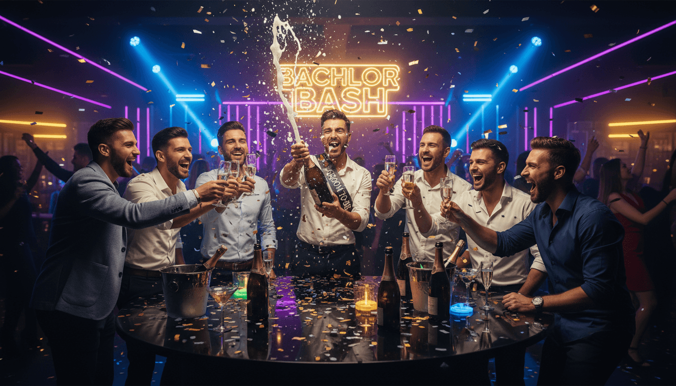 Happy group of Italian men celebrating a bachelor party at a VIP table in a Barcelona strip club