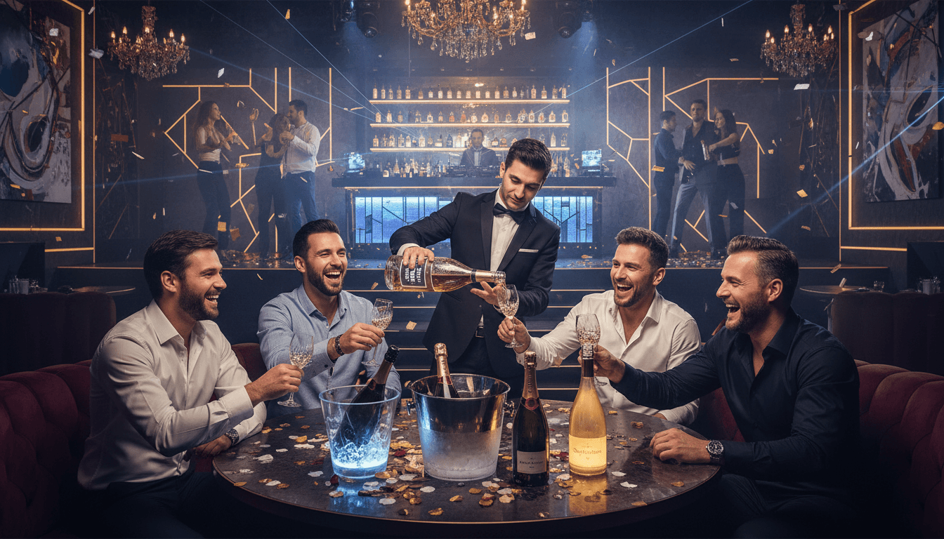 Bachelor party group enjoying VIP table service at exclusive Barcelona nightclub