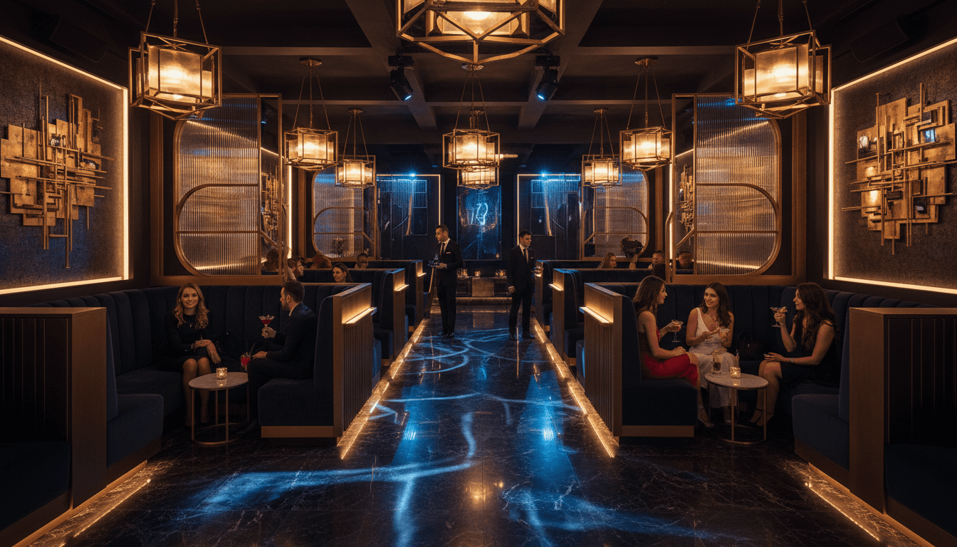 Elegant Barcelona nightclub with golden and neon lighting, premium décor, and guests enjoying drinks