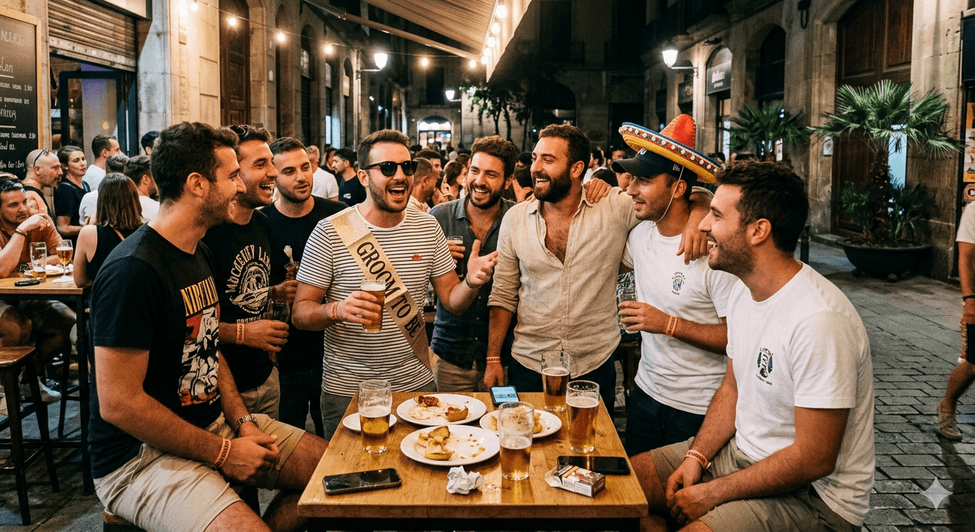 Friends laughing around an outdoor table with beers, celebrating a bachelor party at night.