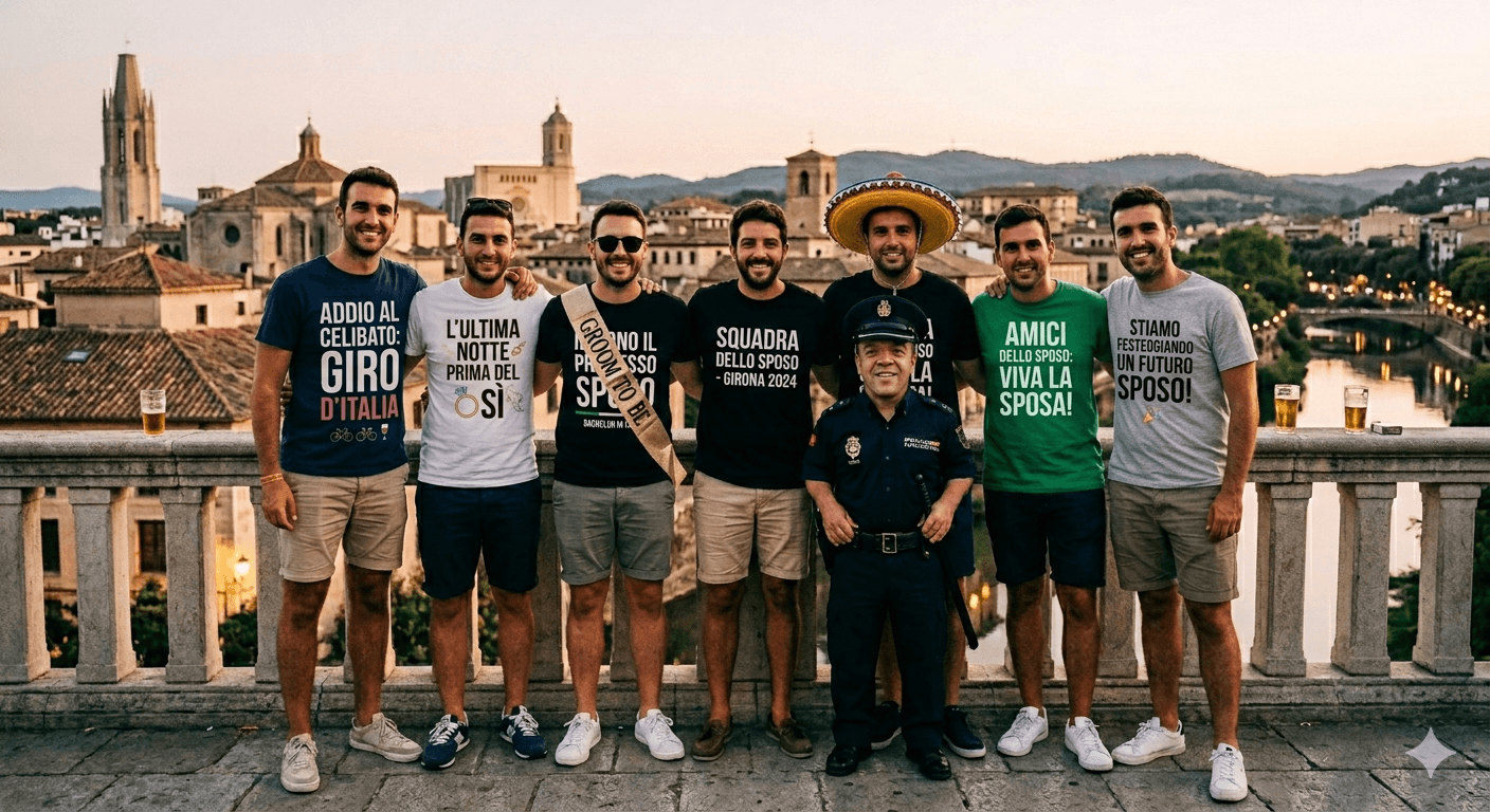Seven men in themed shirts celebrate a bachelor party on a scenic bridge in Girona.