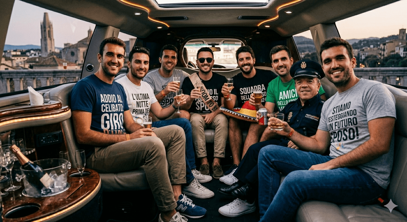 Men celebrate a bachelor party inside a luxury limousine with drinks and a city backdrop.