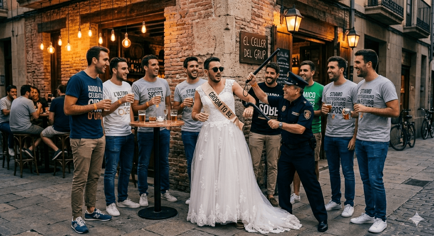 Groom-to-be in a wedding dress celebrates with friends and a playful policeman outside a bar.