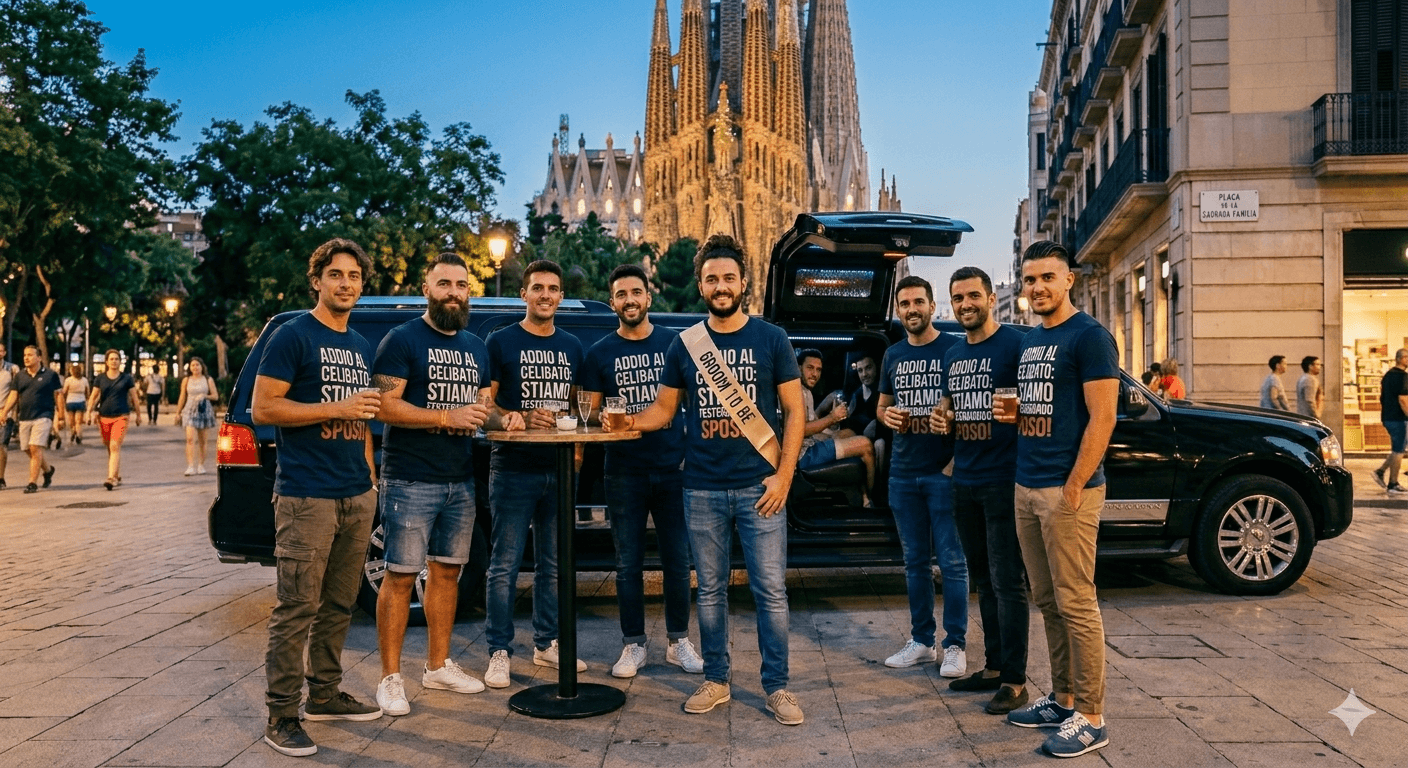 Bachelor party group posing with a limousine in front of Barcelona's Sagrada Família cathedral.